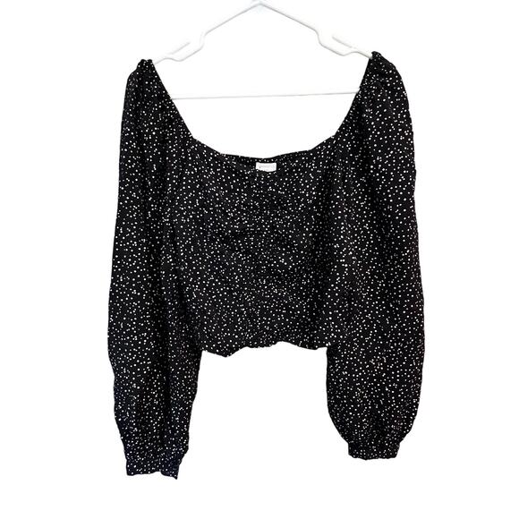 A New Day Boho Black White Balloon Sleeve Blouse Ruched Crop Top Size Medium - Picture 5 of 12
